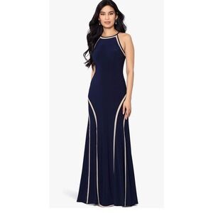 Xscape Mesh-Detail Halter Maxi Dress Navy Nude Evening Wedding Guest Gown Size 2